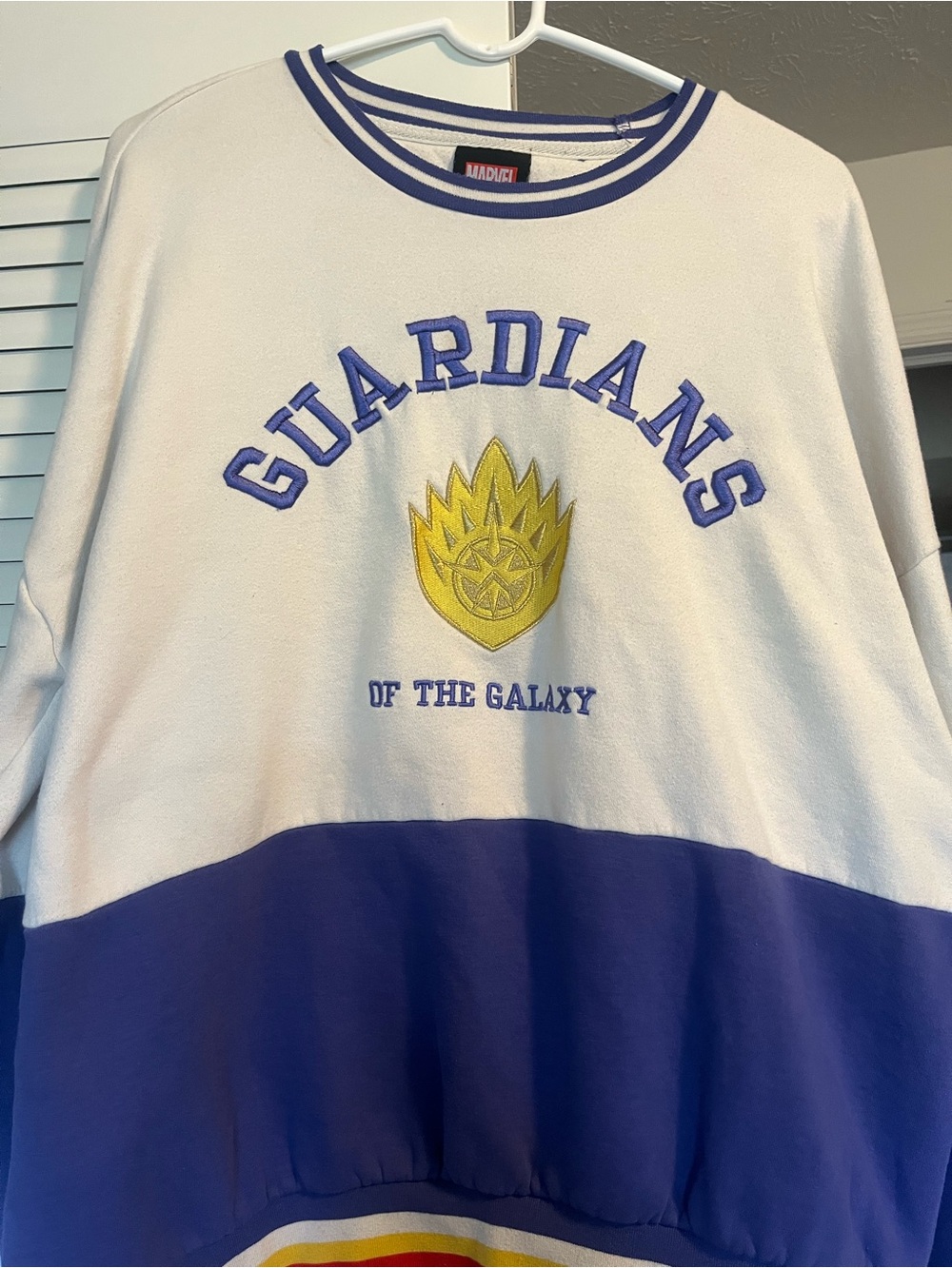 Marvel White and Purple Guardians Sweatshirt with Yellow Emblem